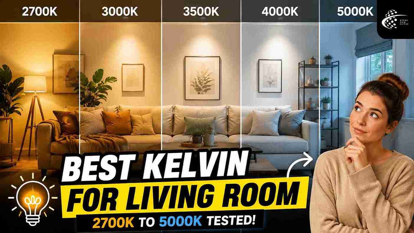 Warm white LED bulb in a living room lamp showing the best Kelvin for living room cozy lighting at 2700K