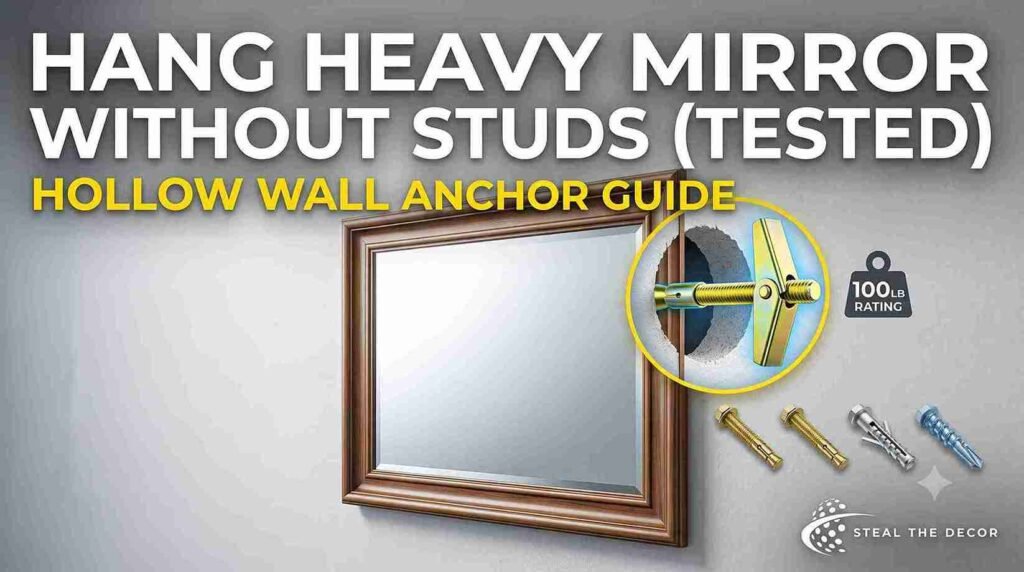 A renter demonstrating how to hang a heavy mirror without studs using the 3M CLAW hanger system.