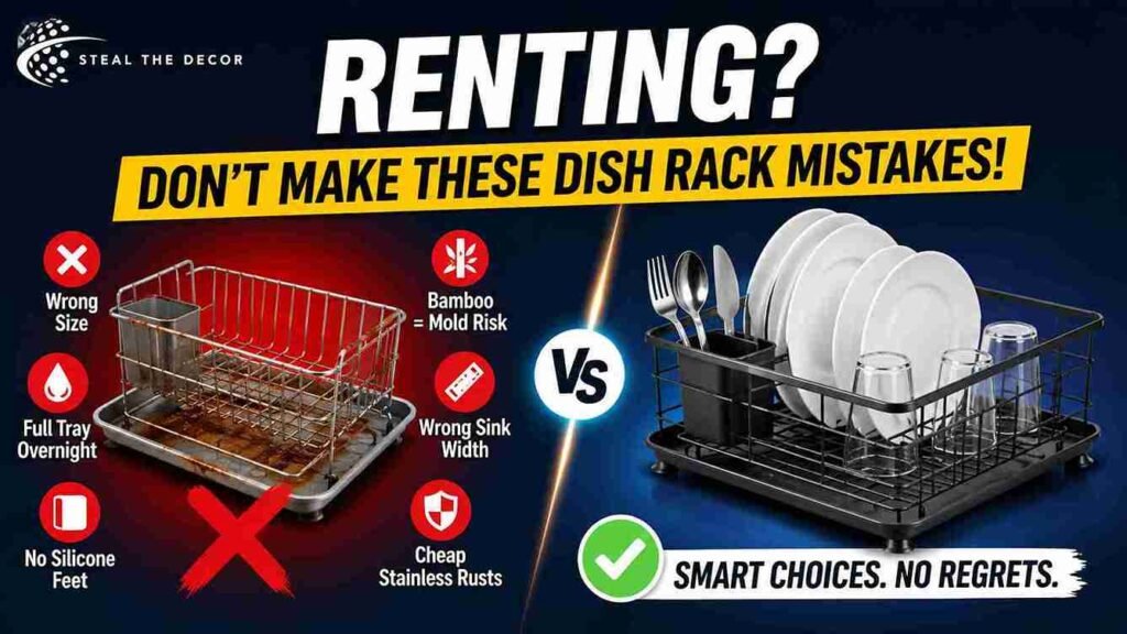 Over-the-sink aesthetic dish rack saving counter space in a tiny apartment kitchen