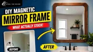 Finished DIY magnetic bathroom mirror frame in a rental bathroom after two months of humidity testing, no damage