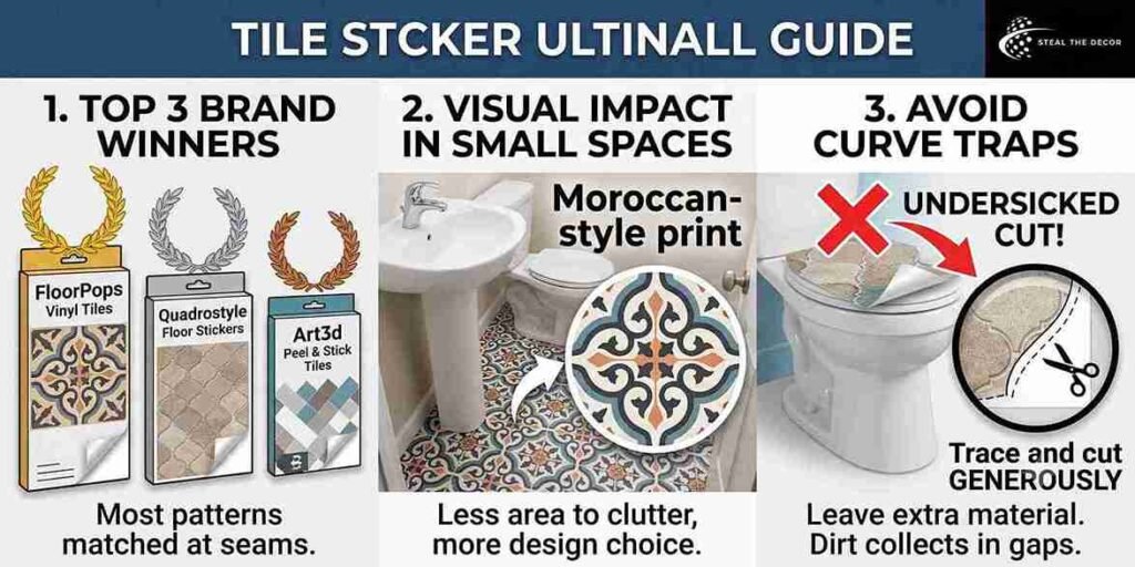 DIY tile stickers bathroom floor transformation step showing silicone edge sealing