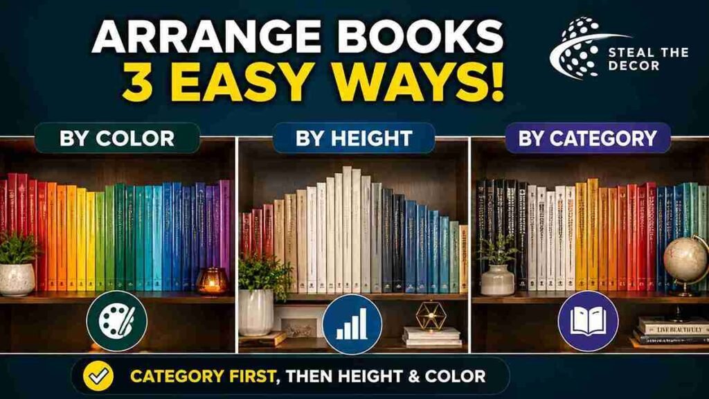  Before and after transformation showing how to style a bookshelf that went from cluttered to curated
