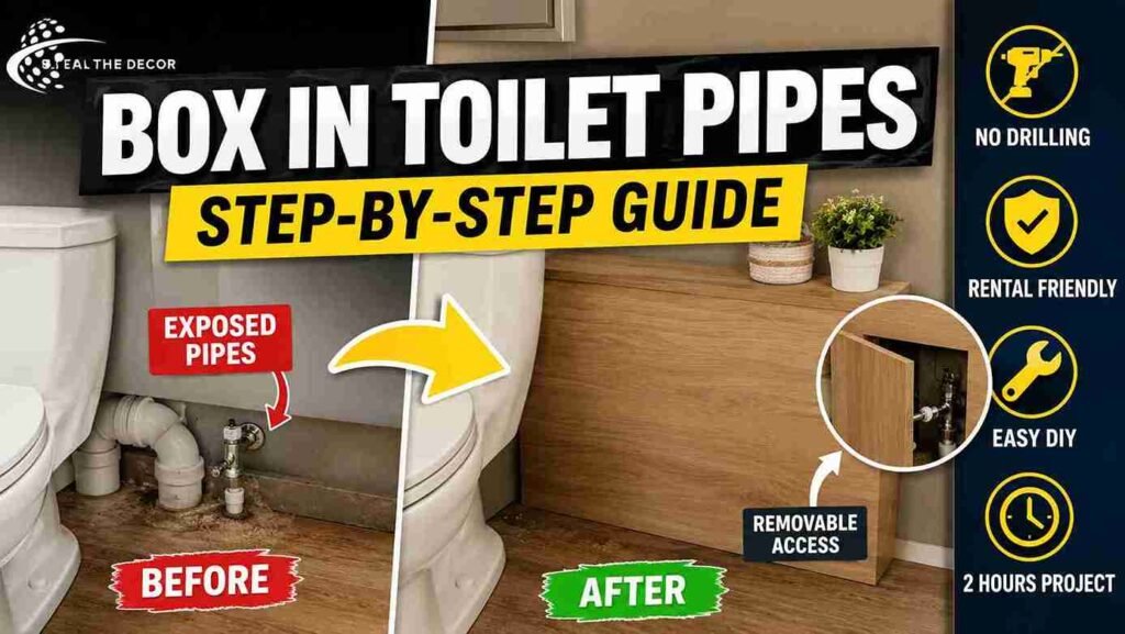 Step-by-step DIY guide on how to hide toilet pipes with a removable MDF box mounted using Command Strips instead of screws