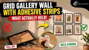 How to create a grid gallery wall with adhesive strips on a clean white rental wall showing six symmetrical black frames