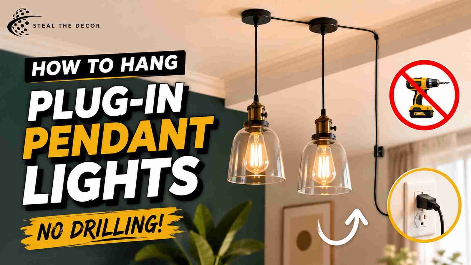 how to hang plug-in pendant lights from the ceiling using adhesive hook