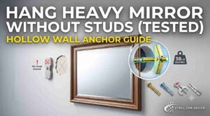 Successfully mounted wide mirror in a living room, showcasing the final result after learning how to hang a heavy mirror without studs.