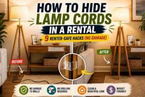 Fabric cord sleeve color-matched to a wooden table leg concealing a black lamp cord—how to hide lamp cords with a sleeve cover