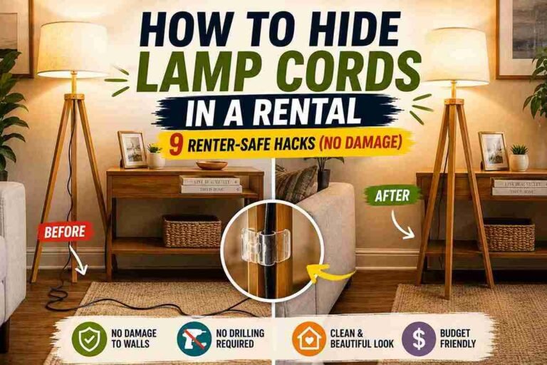 Fabric cord sleeve color-matched to a wooden table leg concealing a black lamp cord—how to hide lamp cords with a sleeve cover