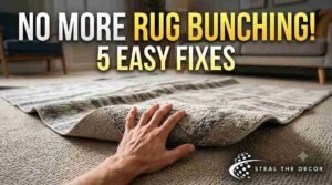 "Dual-surface felt and rubber rug pad being placed under area rug on low-pile carpet to show how to keep rug on carpet from bunching"