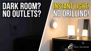 Before and after of dark rental living room showing how to light a dark room with no outlets using rechargeable floor lamp and wireless puck light sconces