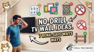 Tension-mounted ladder shelf next to a media console and TV setup highlighting how to style a blank wall behind a TV with freestanding rental-safe shelving