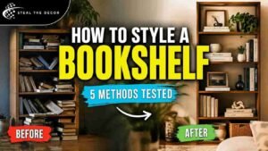 A perfectly styled bookshelf showing how to style a bookshelf with the two-thirds rule using books, a ceramic vase, and bookends