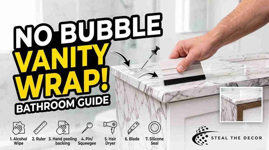 Step-by-step process showing how to use contact paper on bathroom vanities with a squeegee to remove bubbles