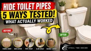 Before and after result showing how to hide toilet pipes using a D-Line adhesive vinyl wrap on a chrome supply line in a rental bathroom