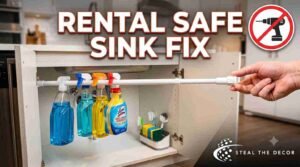 Under-sink organization tension rods holding spray bottles in a rental cabinet without drilling