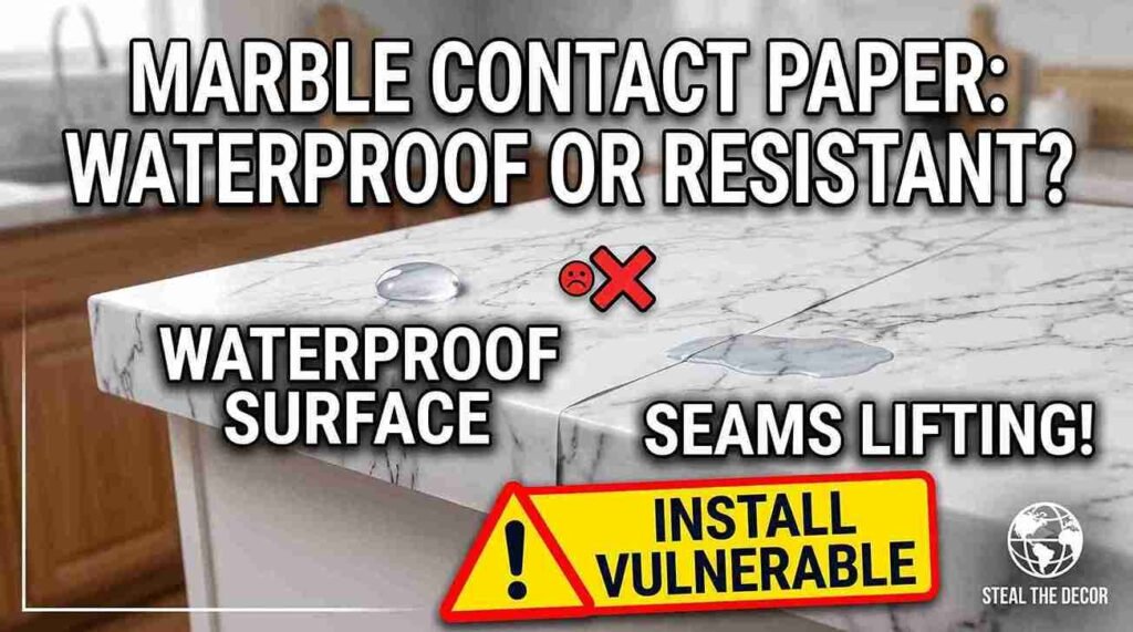 Sealing the edges of DIY marble contact paper countertops near the kitchen sink with silicone caulk.