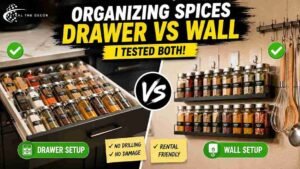 Organizing spices in a rental — drawer vs. wall comparison showing acrylic spice drawer insert and wall-mounted spice shelf side by side