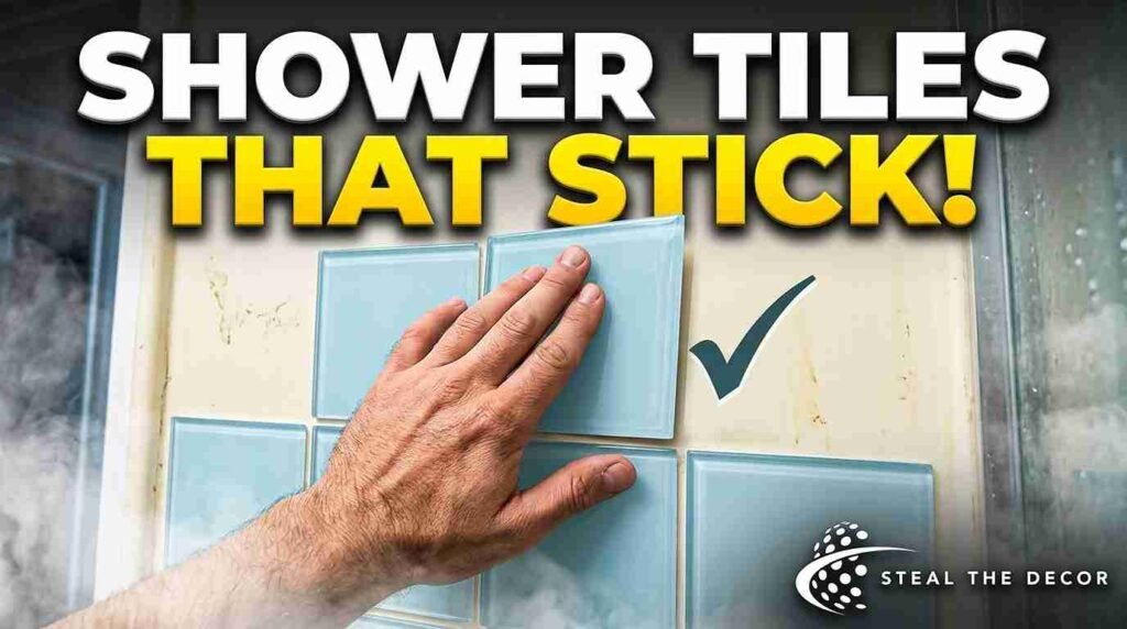 Close-up of waterproof peel-and-stick tiles for showers with silicone caulk sealed edges