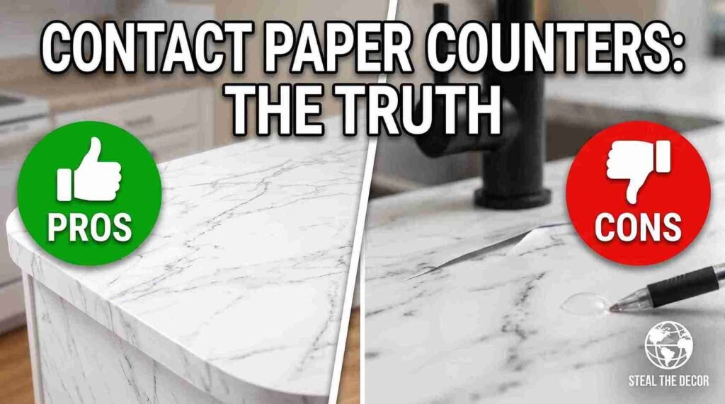 The final result of DIY marble contact paper countertops in a rental kitchen after 6 months.