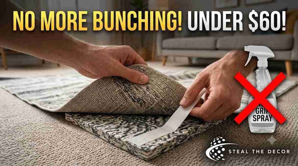 The rug pad, trimmed one inch smaller than area rug installed correctly to prevent bunching—a key step in how to keep rug on carpet from bunching permanently