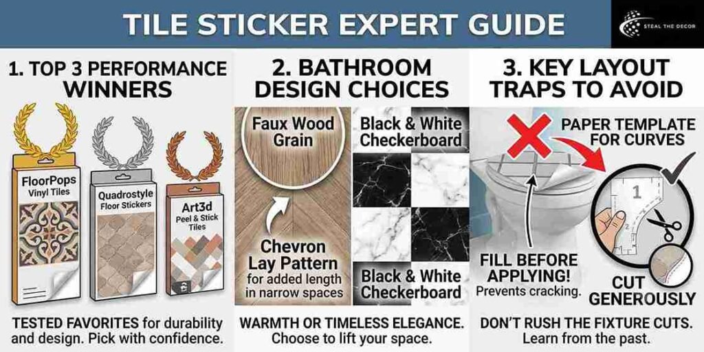 Before and after tile stickers bathroom floor transformation in a rental bathroom