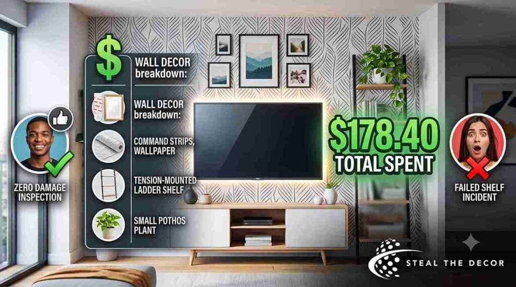 Floating shelves with trailing pothos plant flanking a TV illustrating how to style a blank wall behind a TV using Command Strip brackets and greenery