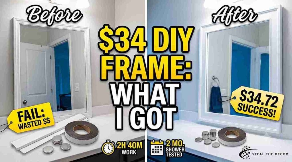 DIY magnetic bathroom mirror frame attached to a frameless rental mirror with neodymium magnets and white PVC trim