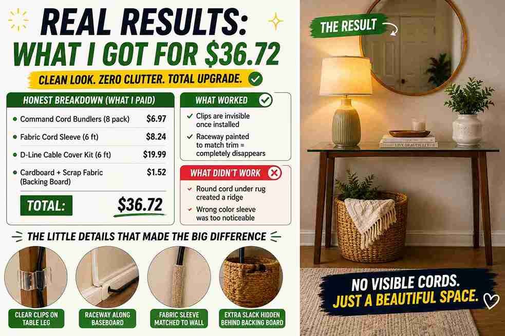 Command cord bundlers sticking a lamp cord along a white baseboard in a rental apartment — how to hide lamp cords without damage