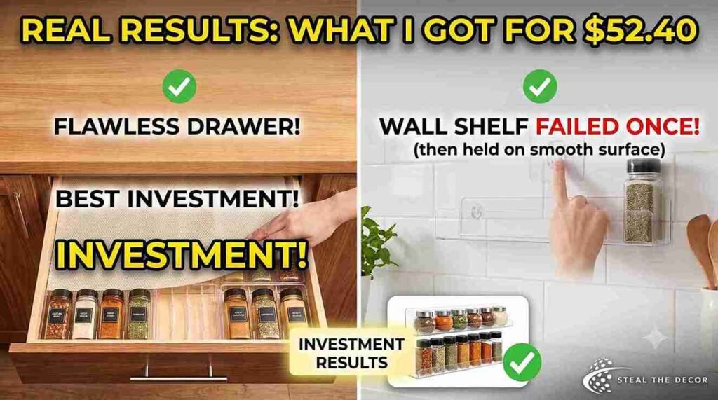 organizing spices in a rental — drawer vs. wall final setup with drawer insert and fridge magnetic tins