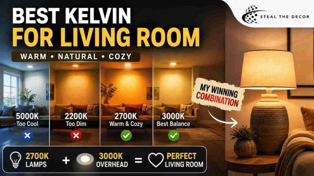 Testing different color temperatures to find the best Kelvin for living room — 2700K warm lamp against beige wall