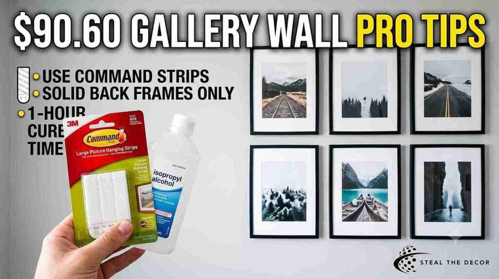 Finished rental living room corner showing how to create a grid gallery wall with adhesive strips that actually stay up long-term