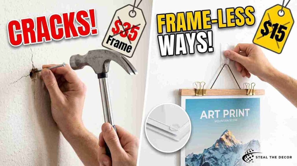How to frame a poster cheap without a frame — magnetic wooden poster rails on apartment wall with zero damage