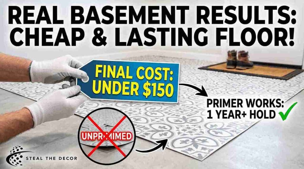 Roller pressing peel-and-stick floor tile over concrete for long-lasting bond