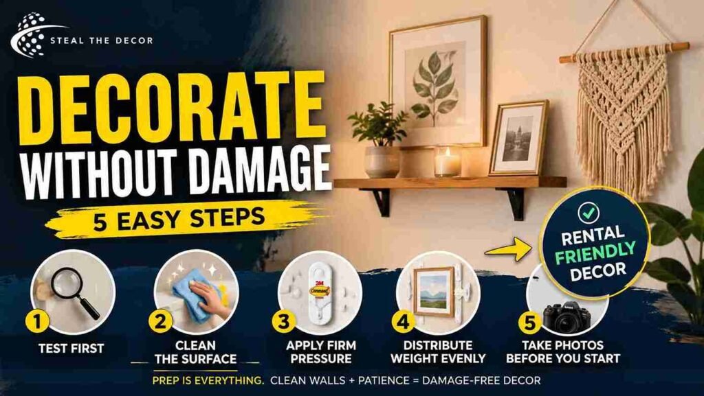 How to decorate a rental without damage using tension rods for curtains in a living room