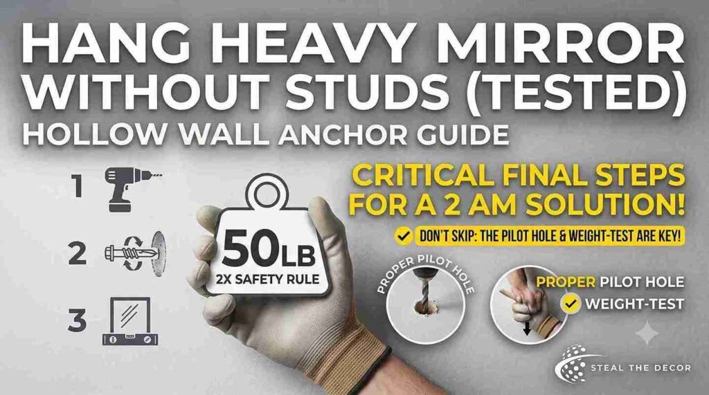 Step-by-step process of how to hang a heavy mirror without studs using a toggle bolt on a white wall.