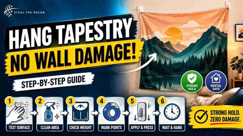 Step-by-step process of how to hang a tapestry without damage using velcro hook and loop fasteners