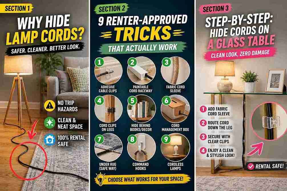 Clear adhesive clips routing a lamp cord underneath a glass console table — how to hide lamp cords on transparent furniture