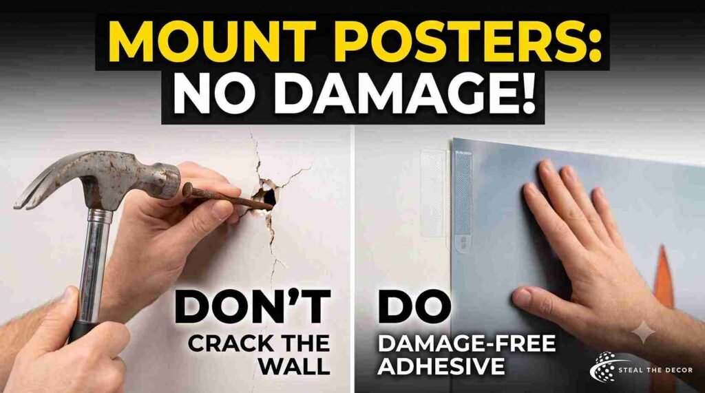 Step by step guide on how to frame a poster cheap without a frame using Command strips and binder clips