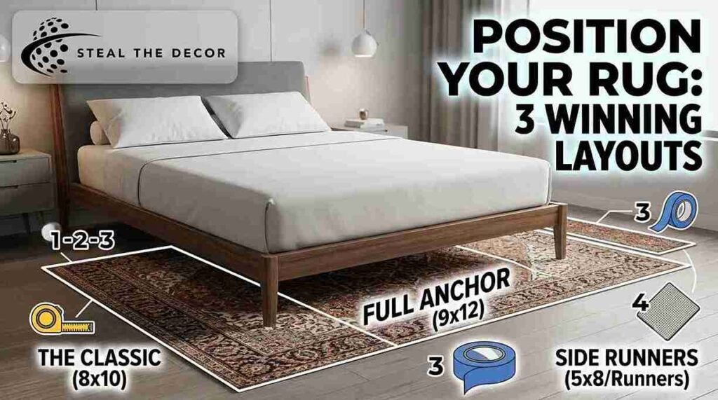 guide showing how to choose the right rug size for a queen bed