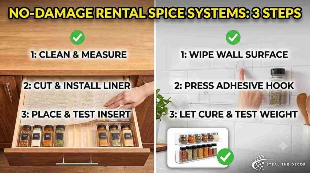 organizing spices in a rental — drawer vs. wall adhesive shelf mounted on smooth painted wall above counter