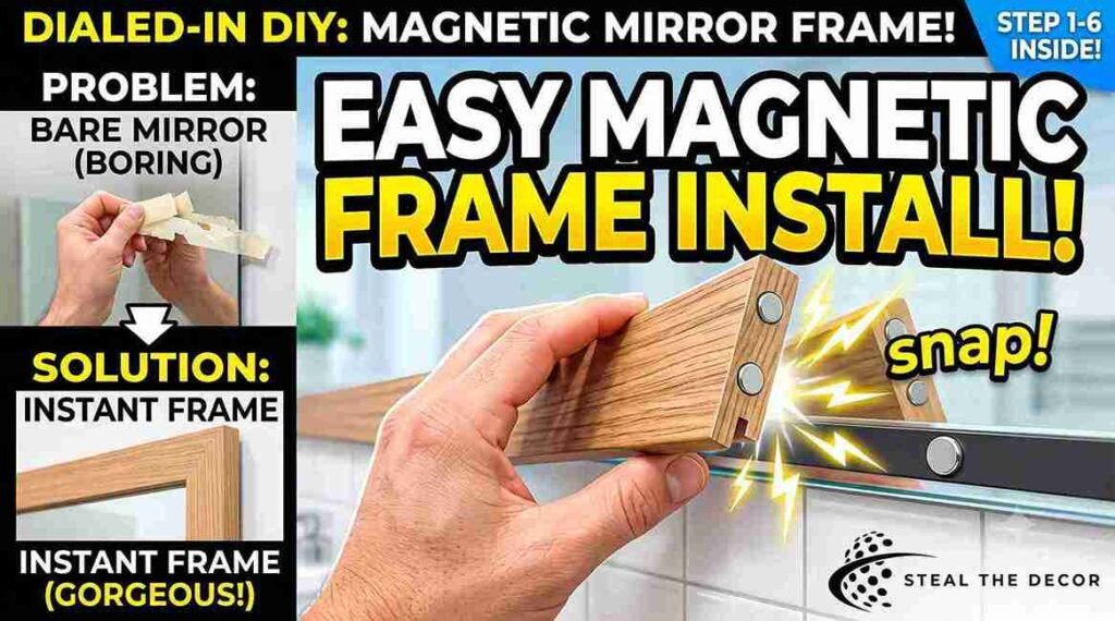 Step-by-step DIY magnetic bathroom mirror frame installation showing magnetic strip placement on mirror edge