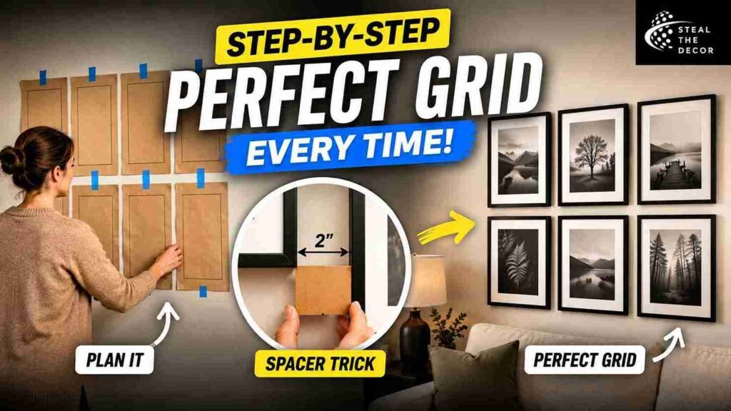 Step-by-step process showing how to create a grid gallery wall with adhesive strips using butcher paper templates for spacing