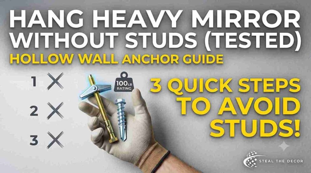 Close-up of essential tools showing how to hang a heavy mirror without studs, including anchors, level, and drill.