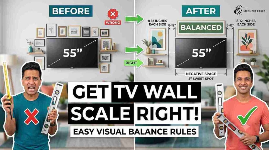 Rental-friendly gallery wall with framed prints arranged around a mounted TV demonstrating how to style a blank wall behind a TV without drilling