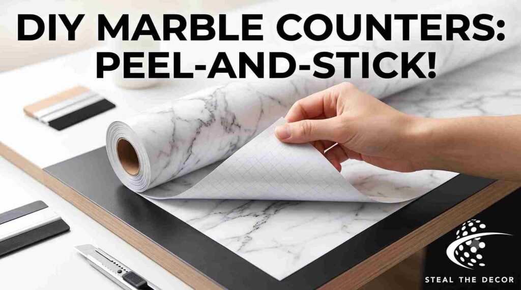 Applying DIY marble contact paper countertops using a squeegee and hairdryer.