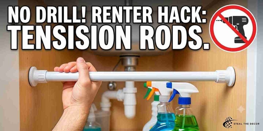 Under-sink organization tension rods holding spray bottles in a rental cabinet without drilling