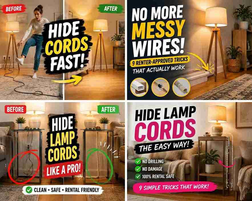 Flat cord protector running a lamp cord safely under a low-pile area rug — how to hide lamp cords in the middle of a room