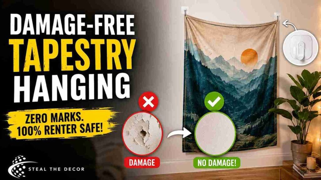 Young renter demonstrating how to hang a tapestry without damage using Command strips on smooth drywall