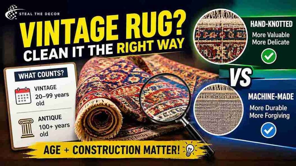 Before and after photo — how to clean a vintage rug in a rental apartment