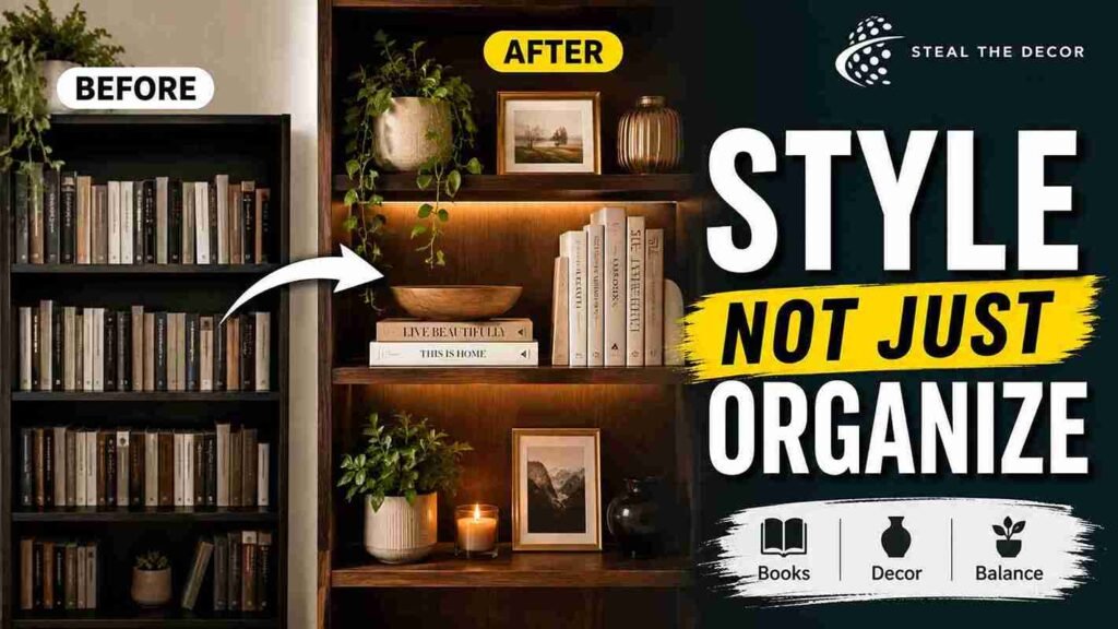 Step-by-step guide on how to style a bookshelf under $50 with thrifted decor and existing books